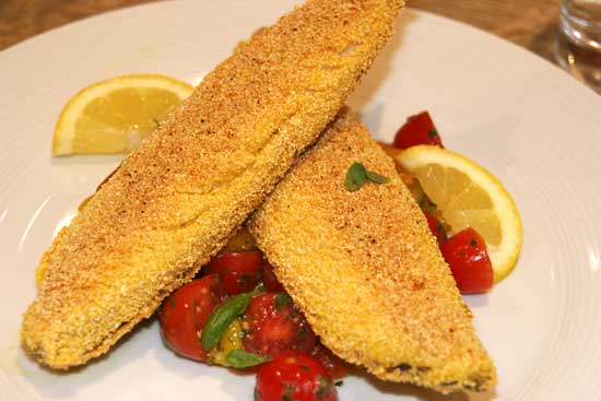 polenta_crusted_mackerel_tomato_basil_salad