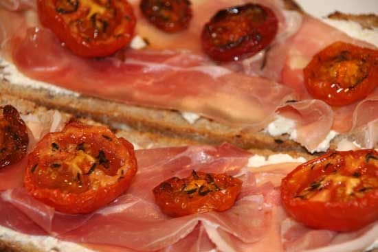 Slow-Roast Tomato, Ricotta and Prosciutto Bruschetta